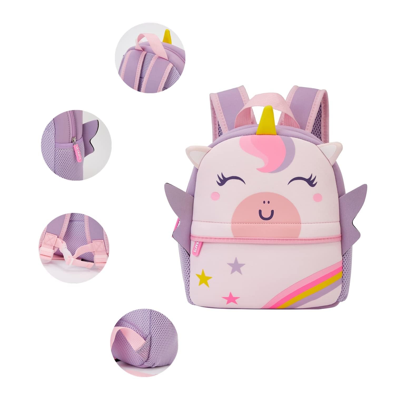 Preschool Toddler Backpack with Leash, 3D Cute Cartoon Neoprene Animal Schoolbag for Kids Boys Girls(Baby Unicorn)
