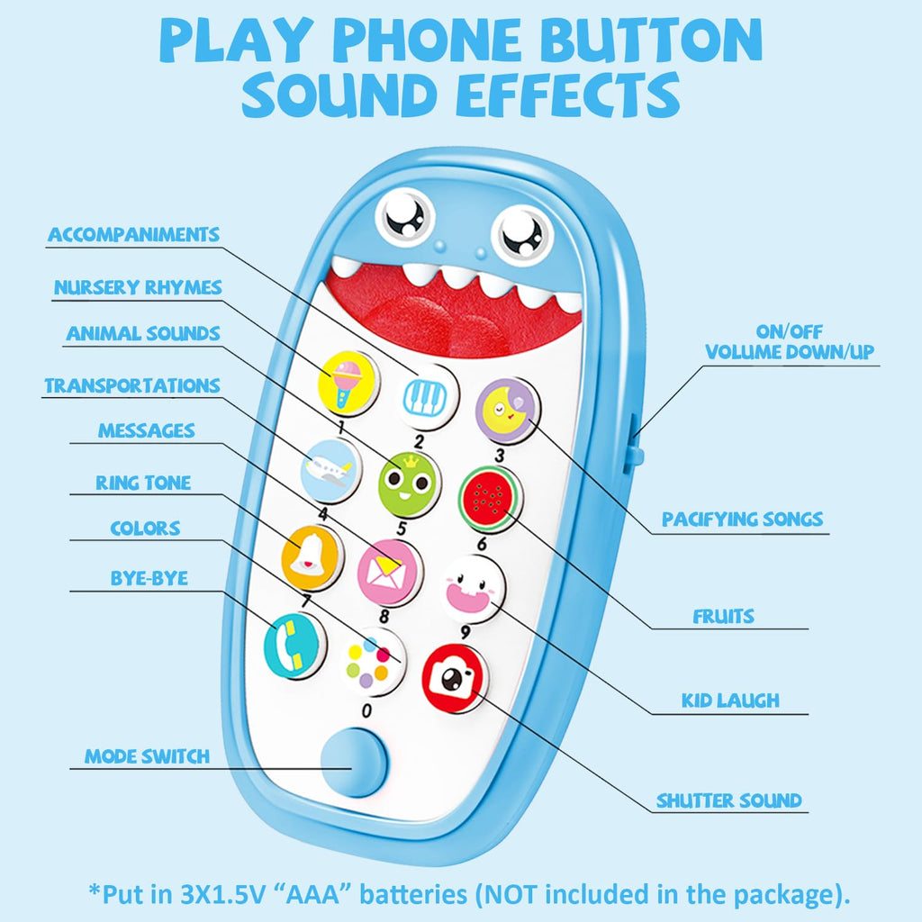 Baby Shark Cell Phone Toy Removable Teether Case, Light, Music Adjustable Volume Kid Play Learn Fake Phone Infant Toddler, Preschool Holiday Birthday Present Gift for Girl Boy 12 Months (Blue)