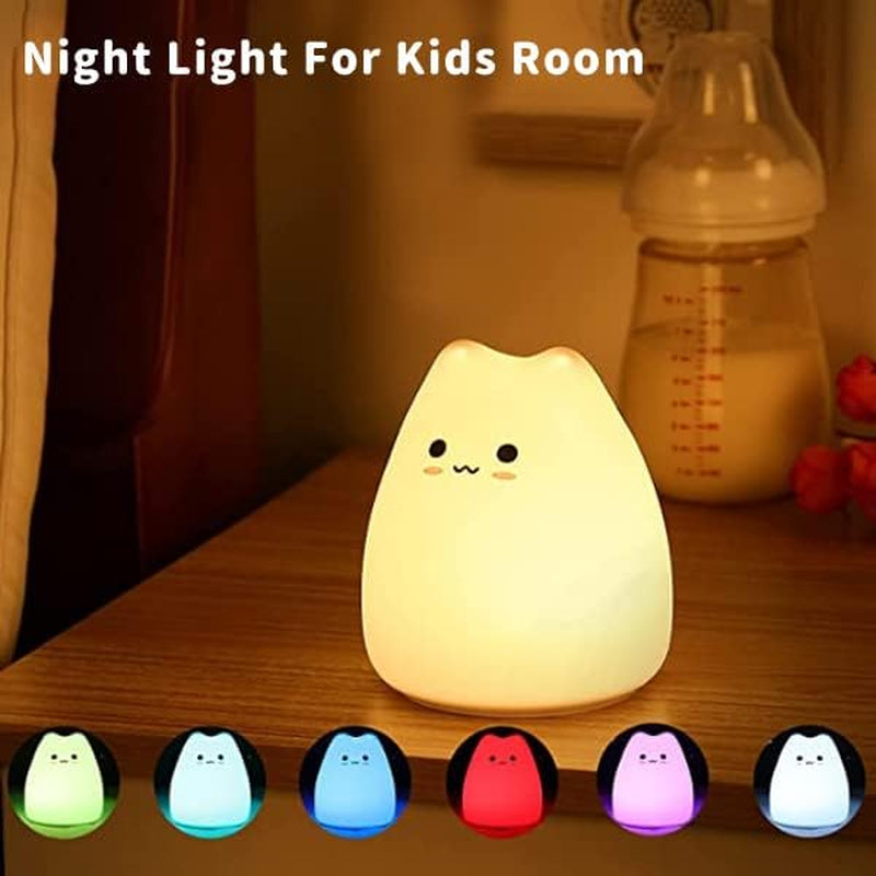 Night Light for Kids Lamp, 16 Colors Lamp Cute, Dimmable Baby Night Lights for Nursery,Silicone Rechargeable Nightlight for Kids Room, Kawaii Room Decor (Lycat-B)