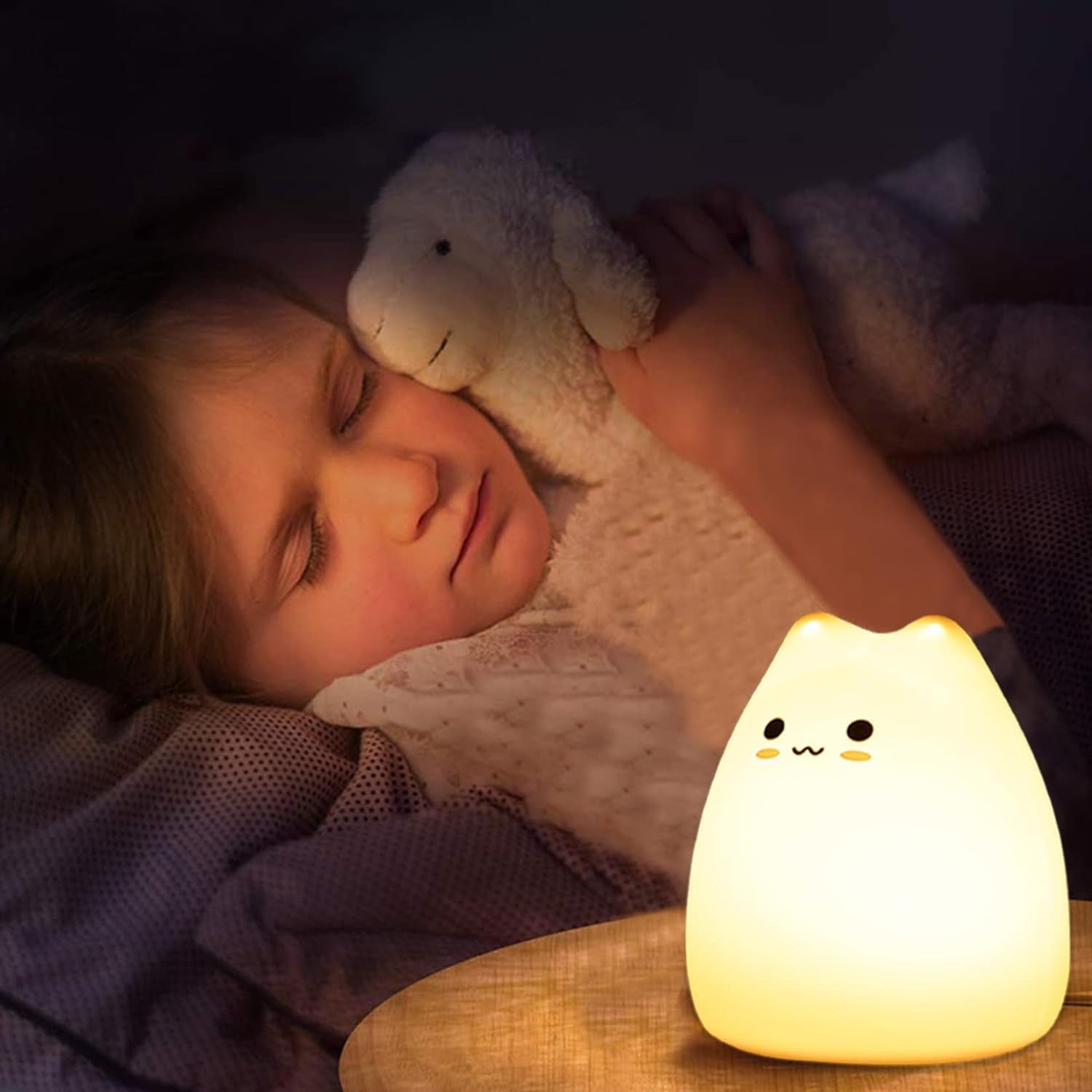Night Light for Kids Lamp, 16 Colors Lamp Cute, Dimmable Baby Night Lights for Nursery,Silicone Rechargeable Nightlight for Kids Room, Kawaii Room Decor (Lycat-B)
